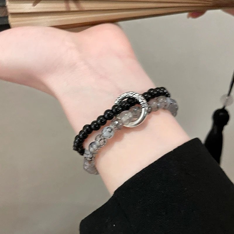 New Chinese-Style Black Double-Layered Ink Wash Peace Buckle Bracelet, Light Luxury Niche Design, Cool and Minimalist Style Couple's Jewelry