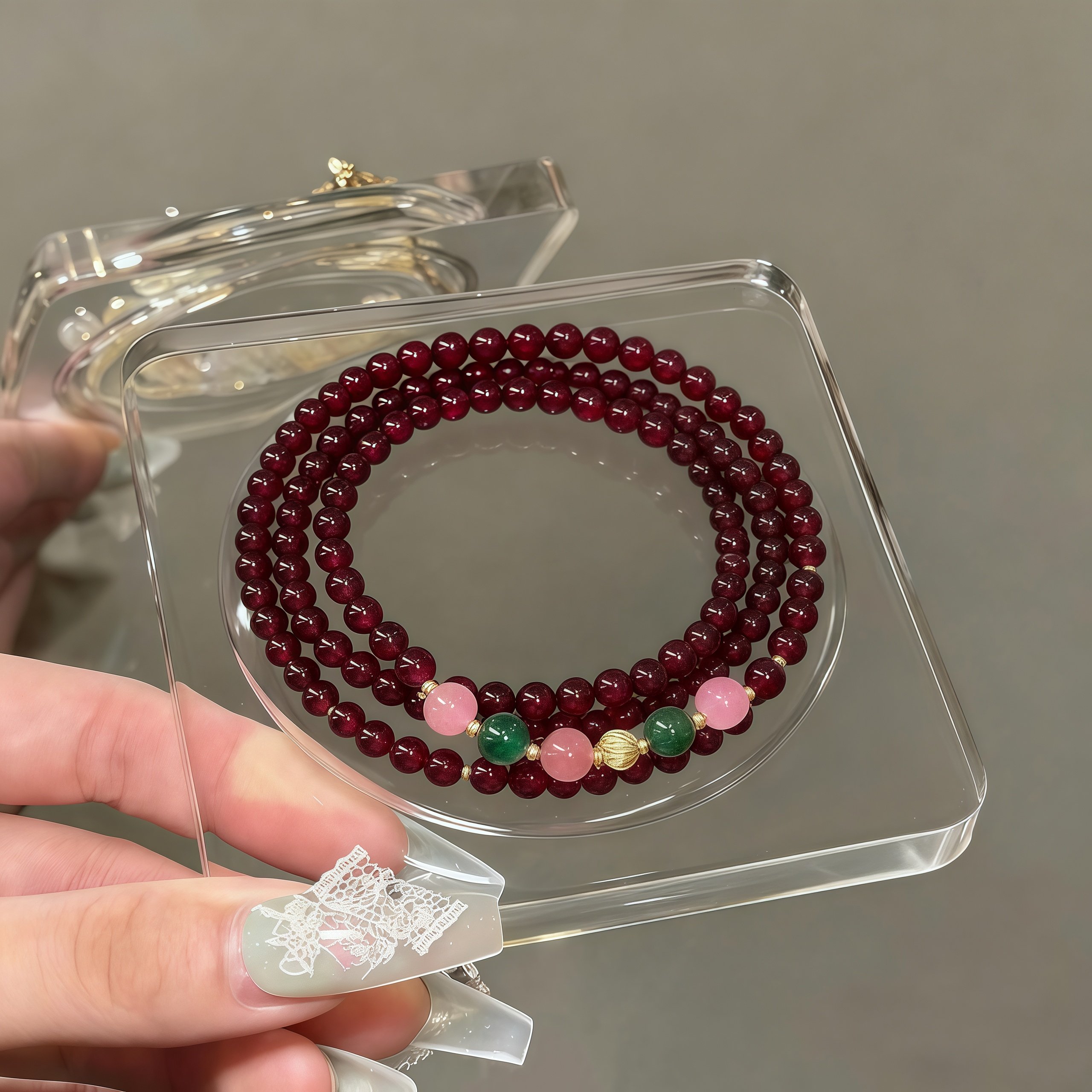 Three-Circle Good Luck Garnet Red Bracelet, Vintage Style Woven Friendship Bracelet, Light Luxury Niche Design Bracelet Gift