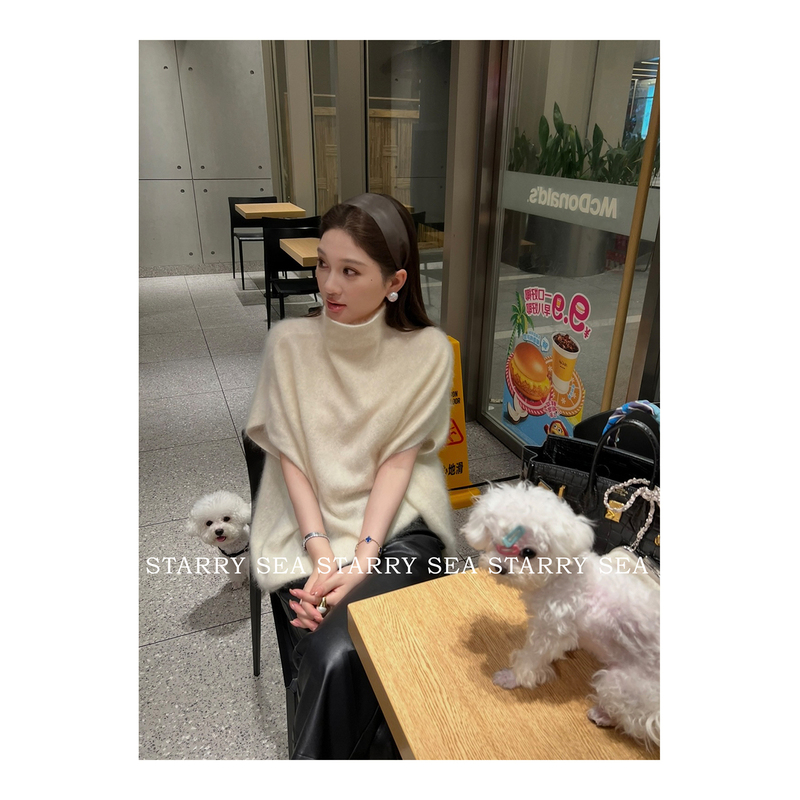 Pp Panpan Private Label [Hoshino Yukerong] Slightly High Collar 100% Merino Wool Loose Casual Knitted Cape Top for Women