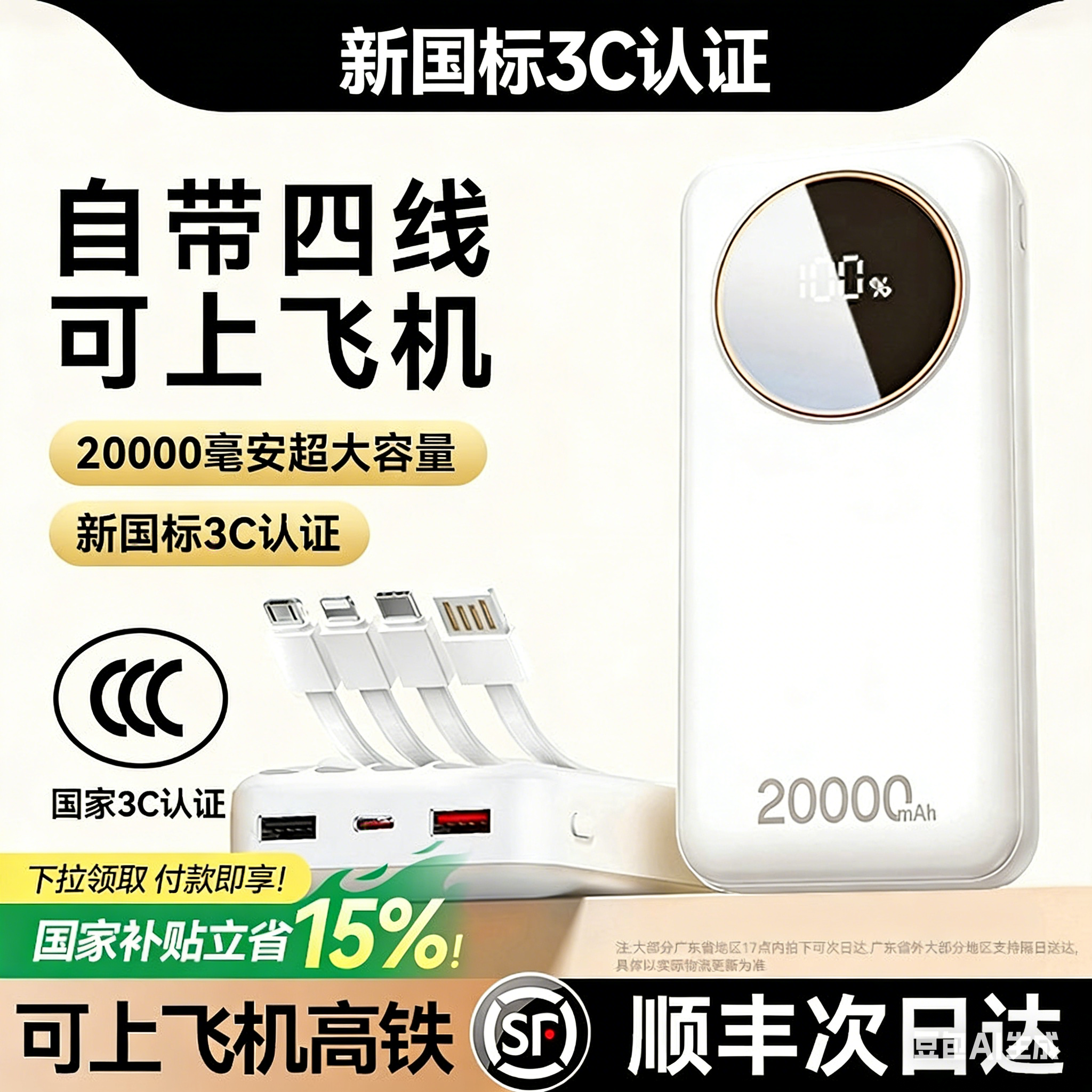 【国家3C認証取得、機内持ち込み可】2026年新型モバイルバッテリー、大容量20000mAh、ポータブル、スマートフォン専用、超高速充電、ケーブル付属、国家新規格ポータブルモバイルバッテリー