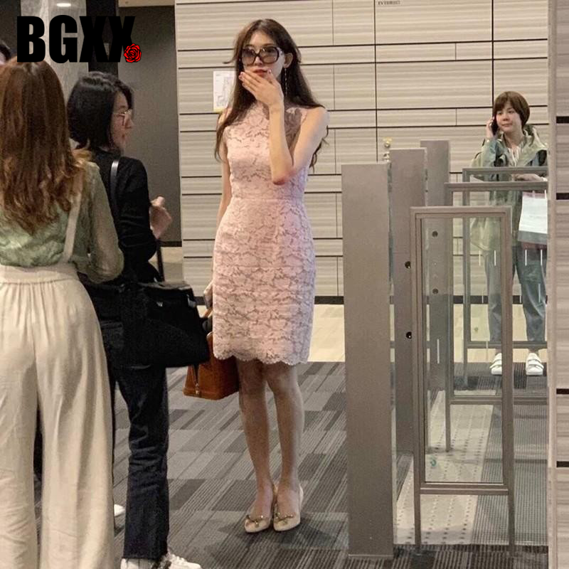 高級リン・チーリンセレブ同スタイルのファッションレースノースリーブドレススリムフィットスカート女性夏の新しいスタイル