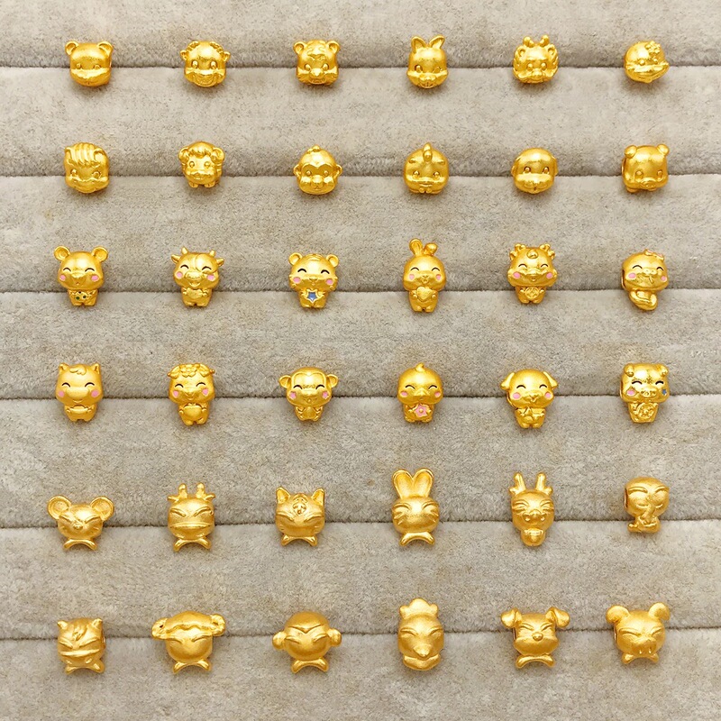 Hong Kong Gold-Plated Zodiac Bracelet Beads for Men and Women, Gold-Plated Beads for Rat, Ox, Tiger, Rabbit, Dragon, Snake, Horse, Sheep, Monkey, Rooster, Dog, Pig