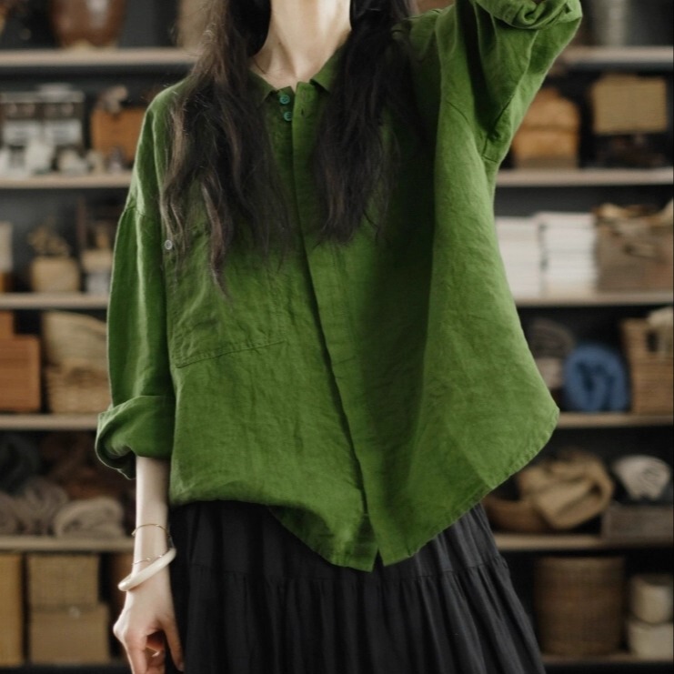 Japanese Retro Green Cotton and Linen Shirt for Women 2025 Autumn New Loose Slimming Shirt Lazy Style Casual Top