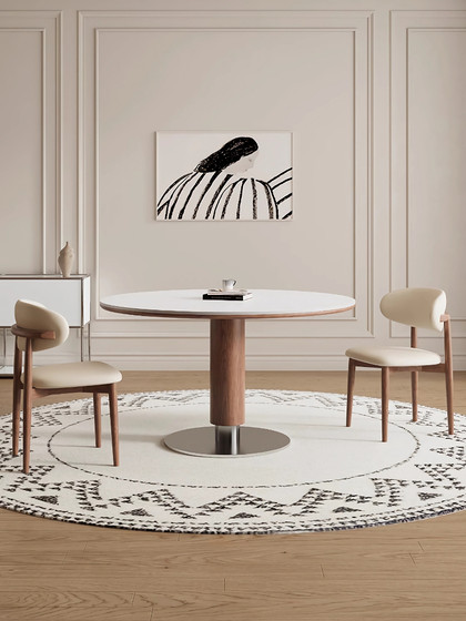 中古风实木岩板餐桌椅组合家用圆形饭桌法式复古胡桃色实木餐桌