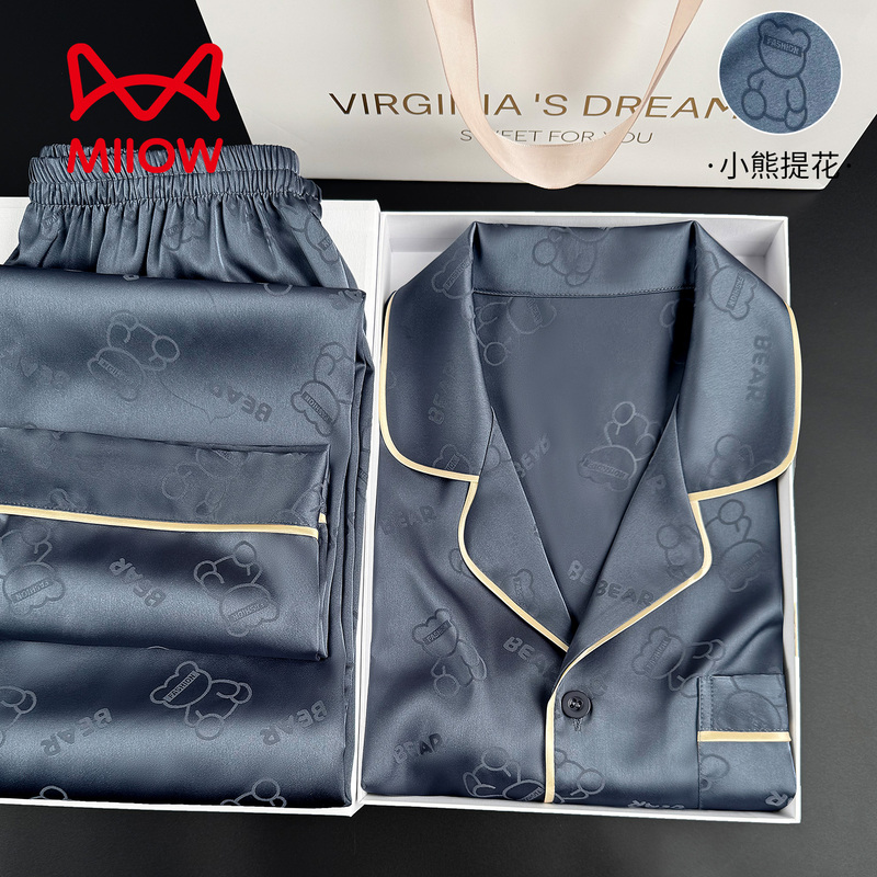 Catman Pajamas Men's Spring and Autumn Style Summer Ice Silk Long Sleeve 2026 New Cartoon Three-Piece Set High-End Gift Box