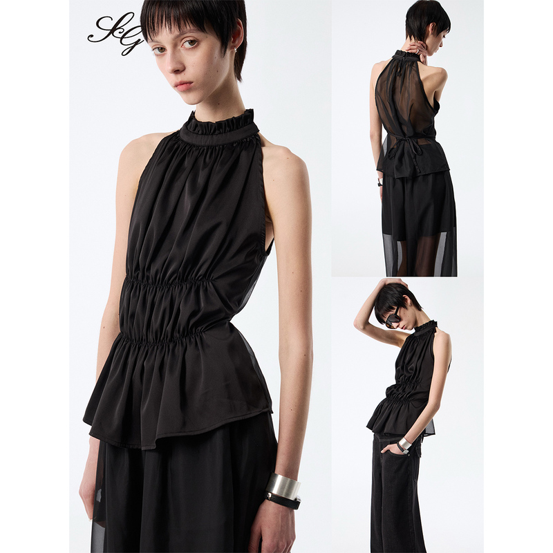Soogu Black Three-Dimensional Ruched Sleeveless High-End Mesh Tie-Back Top