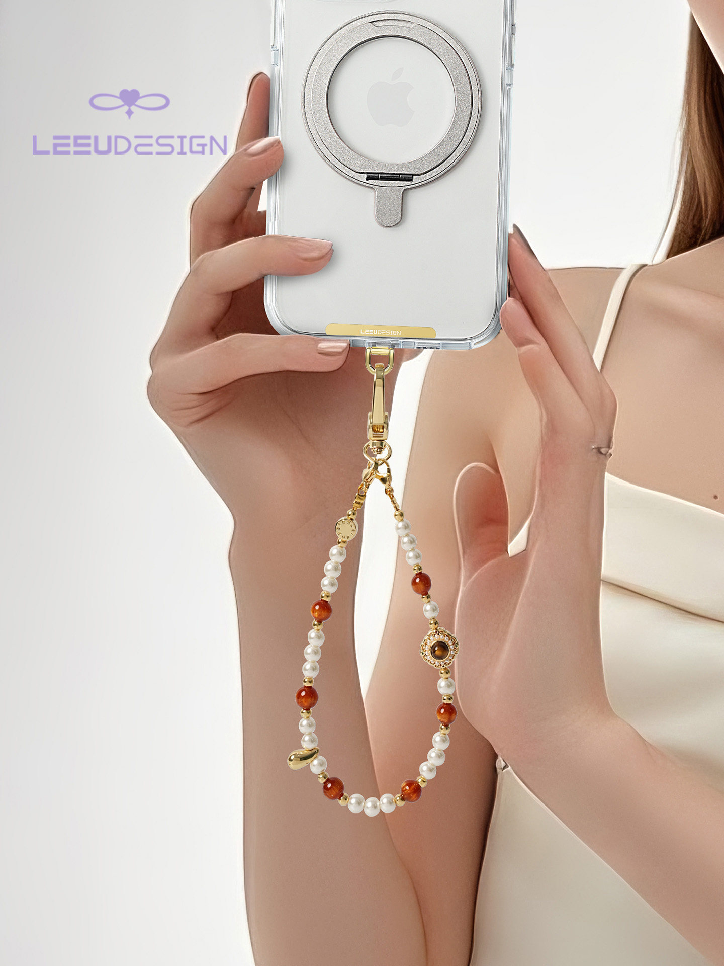 Leeudesign New High-End Mobile Phone Chain, Luxury Tiger Eye Stone Pearl Phone Lanyard, Double Buckle Wrist Strap, Anti-Lost Short Pendant, Bag Accessory for Women