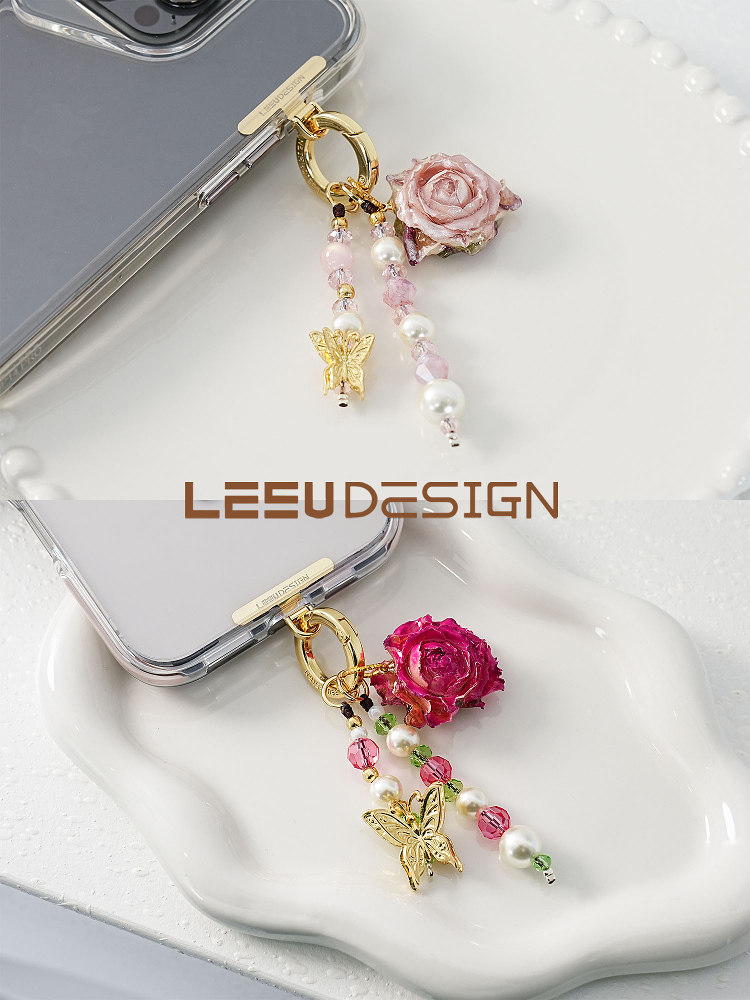 Leeu Design Niche High-End Rose Flower Creative Phone Charm Short Beaded Phone Chain Bag Charm Phone Case Keychain Accessory for Women with a Sense of Sophistication