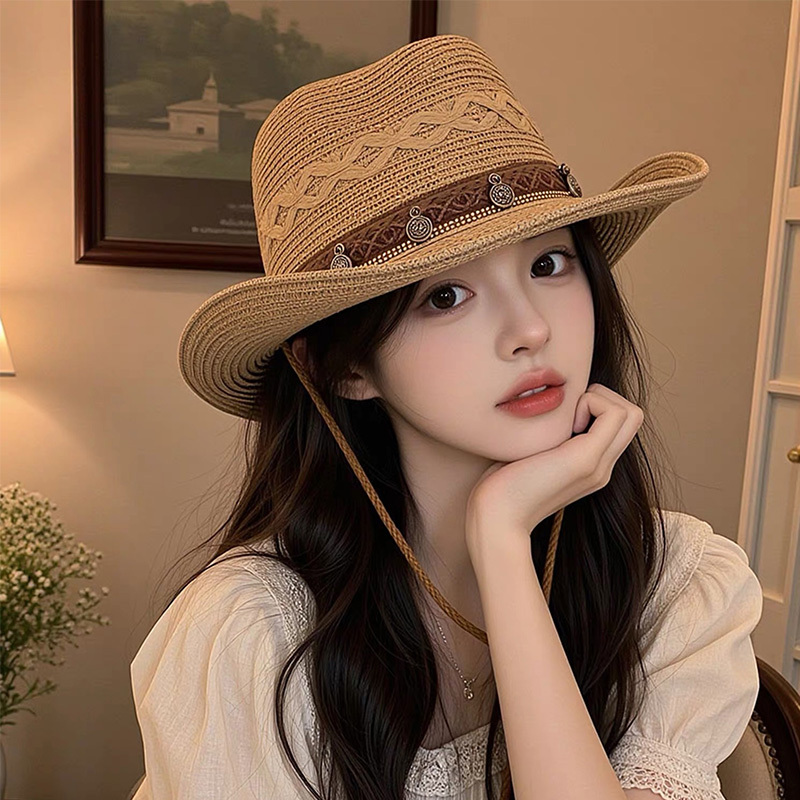 American Western-Style Straw Cowboy Hat for Women, Summer Large Brim Sun Protection Hat for Sichuan, Xinjiang, and Desert Travel American Western-Style Straw Cowboy Hat for Women, Summer Large Brim Sun Protection Hat for Sichuan, Xinjiang, and Desert Travel