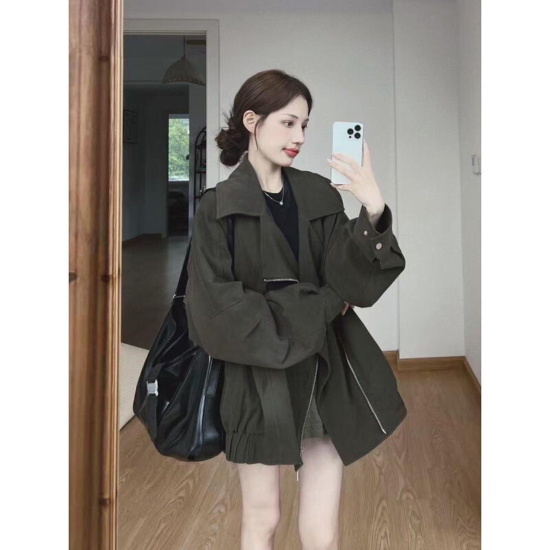 Early Spring Exquisite Jacket, Lazy Style, Korean Style, Retro Workwear Style, Loose Fit, Large Lapel, Zip-Up Jacket for Petite Women