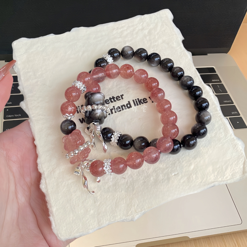 Natural Strawberry Crystal White Crystal Silver Obsidian Bracelet for Men and Women, Wish Bear Design for Attracting True Love, Qixi Festival Couple Bracelet
