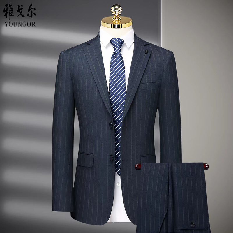 Youngor Men's Business Casual Wool Suit, Middle-Aged Striped Professional Formal Wear, Wrinkle-Free Wedding Attire Youngor Men's Business Casual Wool Suit, Middle-Aged Striped Professional Formal Wear, Wrinkle-Free Wedding Attire
