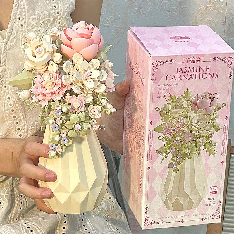 Бутылка с цветком жасмина, строительные блоки для сборки вечного цветка, взрослая версия продвинутой 3d трехмерной головоломки, подарок на день рождения для девочек, 38 секций