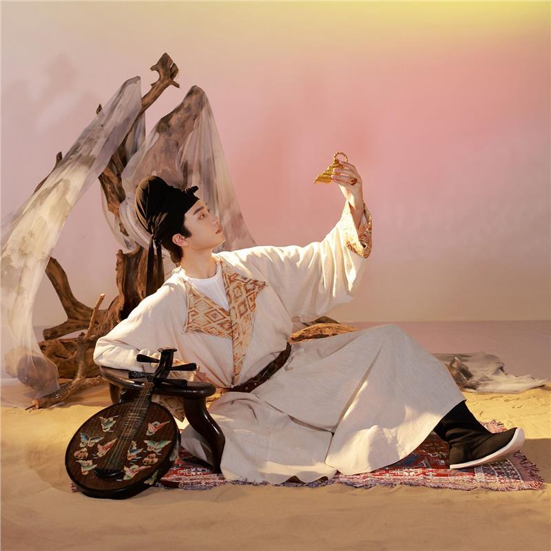 Cotton and Linen Large Size Traditional Spring and Summer Men's Hanfu Tang-Style Round-Neck Robe, Open-Crotch Robe, Scholar Li Bai Style, Unisex