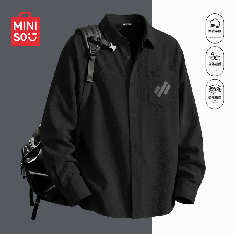 Miniso Youth Shirt for Men, Autumn American Retro Style, Regular Shoulder, Turn-Down Collar, Three-Proof Bubble Fabric, Long Sleeve Jacket Y