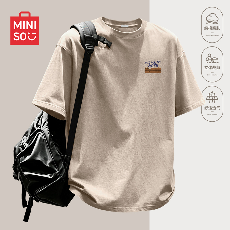 Miniso Premium Pure Cotton Short-Sleeve Men's Summer Heavyweight Stiff Breathable Regular Shoulder American Retro Round Neck Youth T-Shirt Y