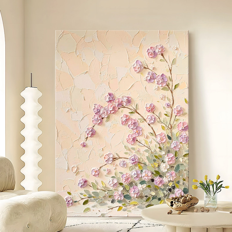 Cream-Colored Bedroom Headboard and Living Room Decorative Painting with Vibrant Floral Texture, Hand-Painted Oil Painting for Entryway and Hallway Cream-Colored Bedroom Headboard and Living Room Decorative Painting with Vibrant Floral Texture, Hand-Painted Oil Painting for Entryway and Hallway