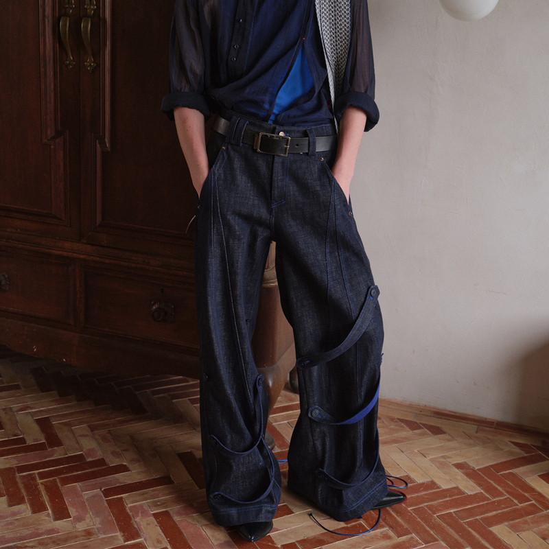 Soknot〔Tibetan Blue Invasion〕Niche Designer Brand Loose-Fitting Navy Blue Wide-Leg Jeans Long Pants