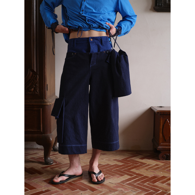 Soknot〔Tibetan Blue Invasion〕Niche Designer Detachable Large Pocket Loose-Fitting Denim Cropped Pants for Men and Women Soknot〔Tibetan Blue Invasion〕Niche Designer Detachable Large Pocket Loose-Fitting Denim Cropped Pants for Men and Women