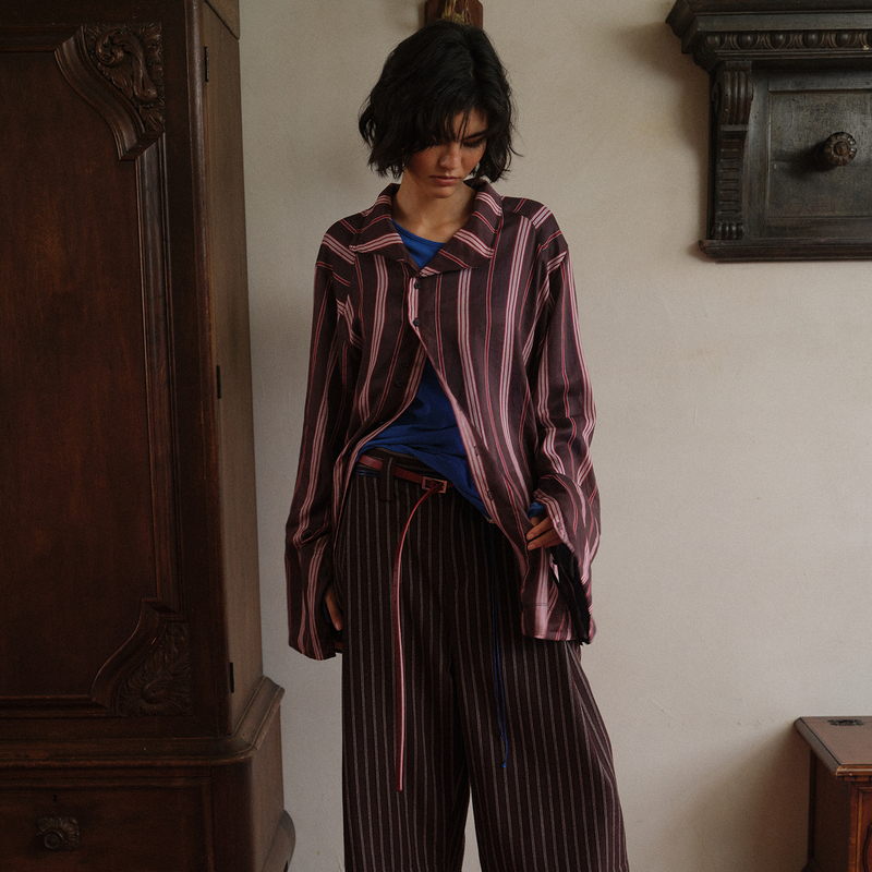Soknot〔Tibetan Red Erosion〕Niche Loose and Casual Vertical Striped Diagonal Placket Dark Red Shirt Jacket for Men and Women