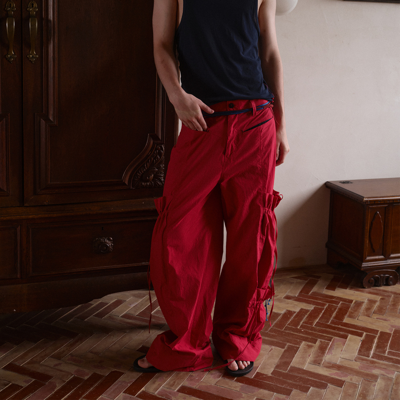 Soknot〔Tibetan Red Erosion〕Straight-Leg Loose Red Asymmetrical Cargo Pants Casual Long Pants Unisex Trendy