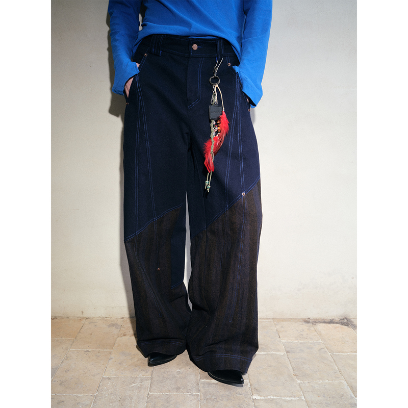 Soknot〔Tibetan Blue Invasion〕Original Niche Designer Brand Navy Blue Striped Patchwork Long Pants Casual Pants for Men