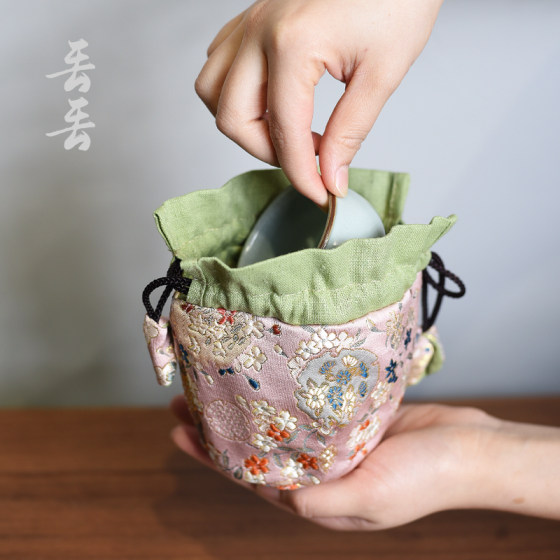 加厚夹棉茶杯茶壶收纳布袋子束口抽绳茶具便携小布包旅行防震包装