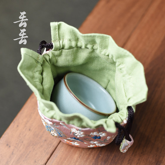 加厚夹棉茶杯茶壶收纳布袋子束口抽绳茶具便携小布包旅行防震包装