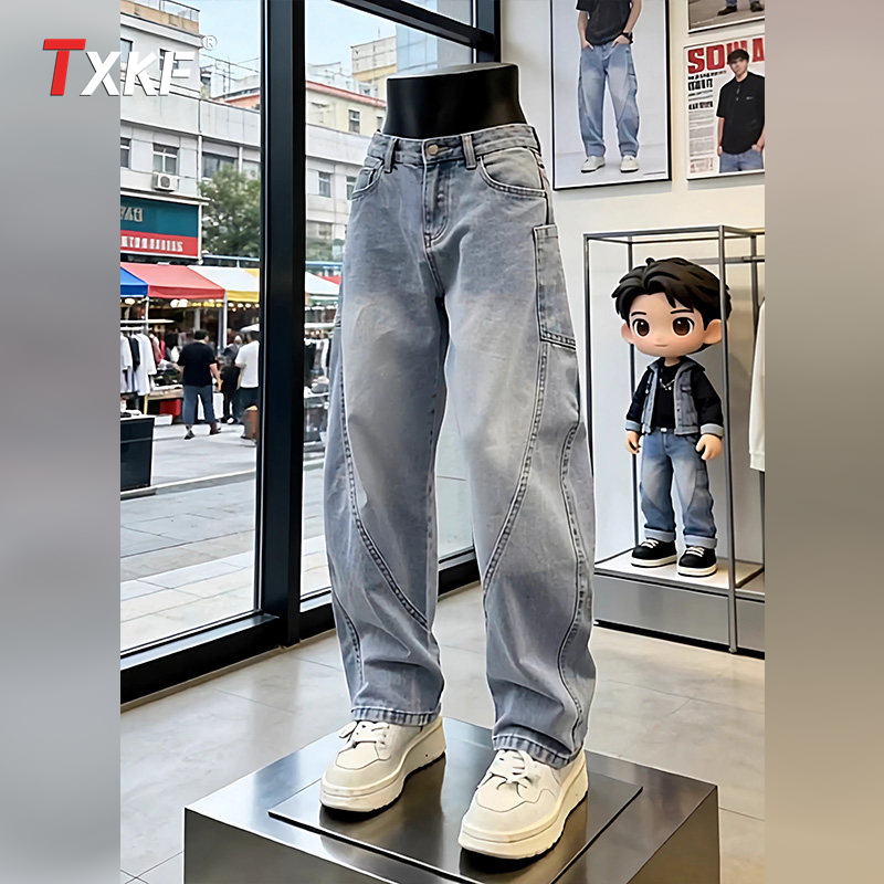 American-Style Diagonal Cut Blue Scimitar Jeans for Men 2026 New Spring and Summer Wide-Leg Straight Casual Pants for Men