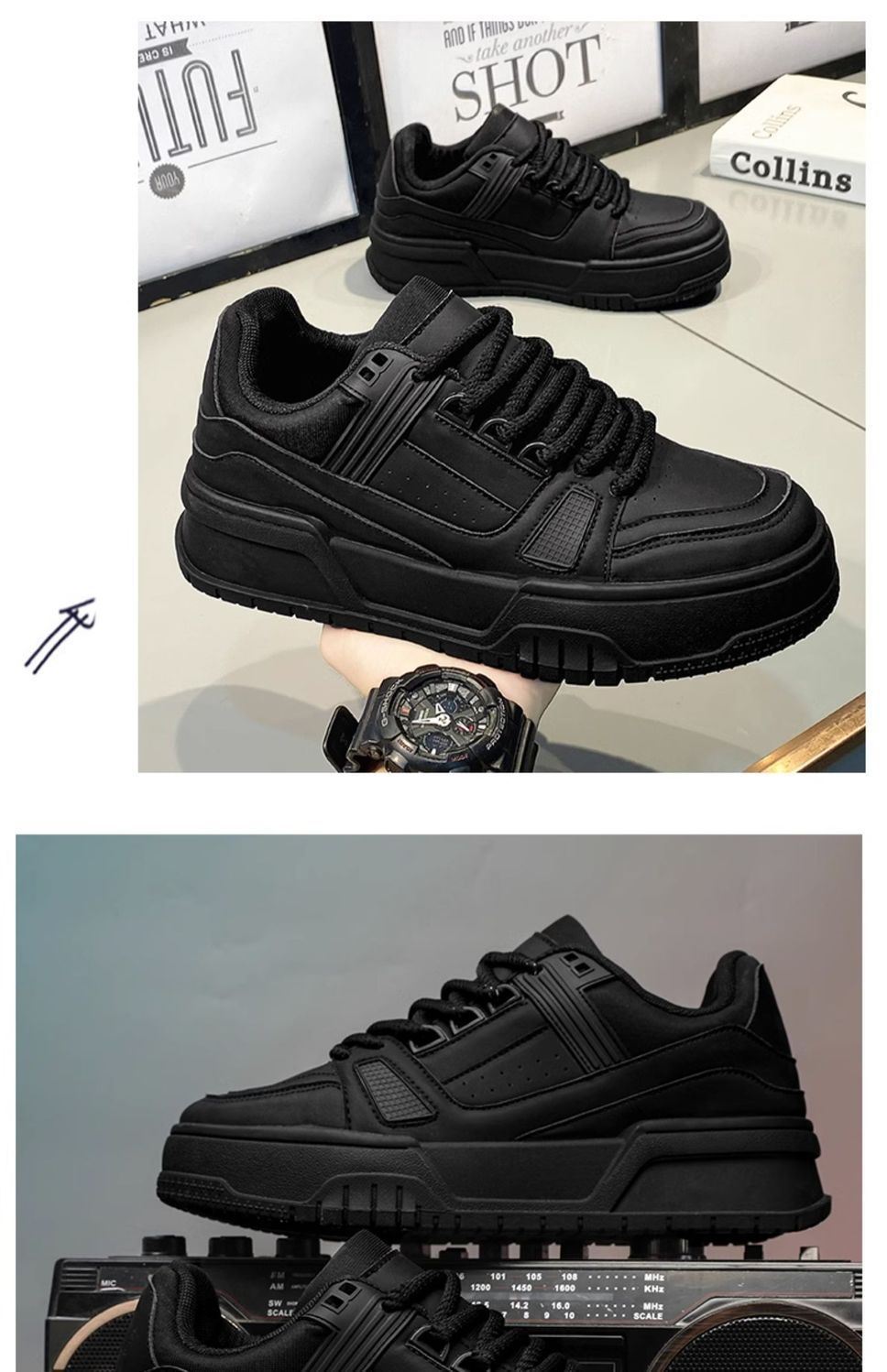 Men's Shoes Spring Versatile Casual Sports Black Board Shoes Men's Thick Sole Raised Leather Surface Waterproof And Anti Slip Work Trendy Shoes_voghion.com