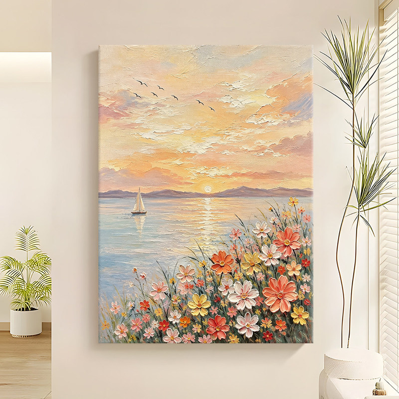Hand-Painted Oil Painting "Sunrise in the Sea of Flowers" Living Room Sofa Painting Dining Room Background Wall Decorative Painting Cream-Style Landscape Hanging Painting Hand-Painted Oil Painting "Sunrise in the Sea of Flowers" Living Room Sofa Painting Dining Room Background Wall Decorative Painting Cream-Style Landscape Hanging Painting