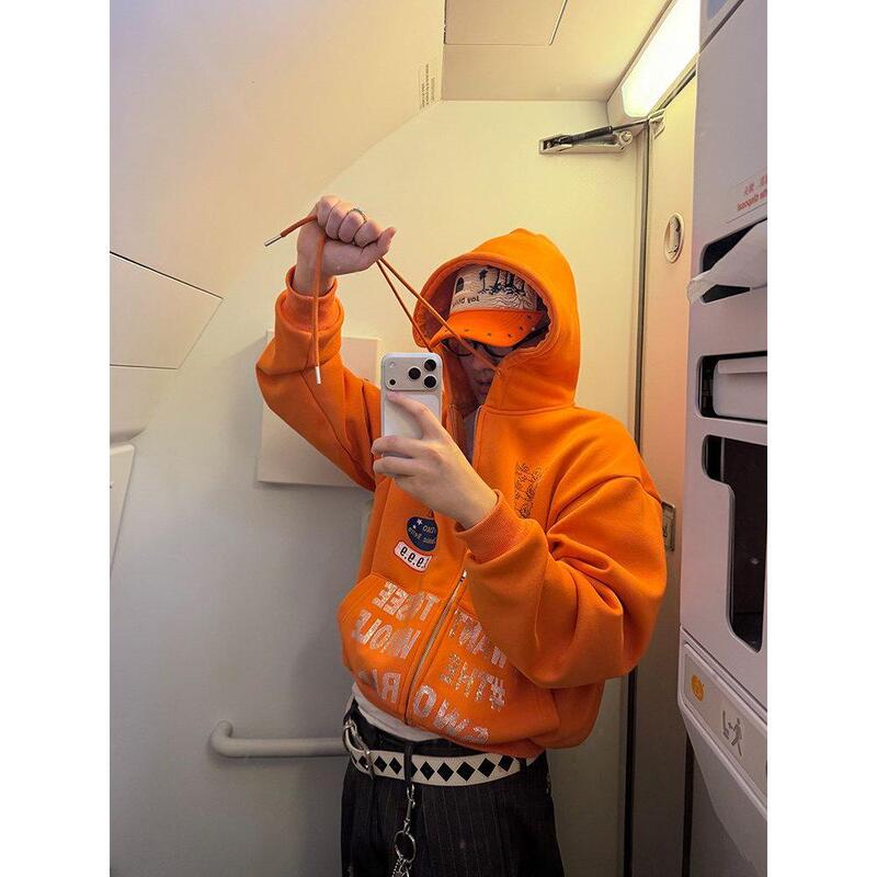 American-Style Design Orange Letter Hoodie Unisex Spring and Autumn Versatile Hoodie Jacket