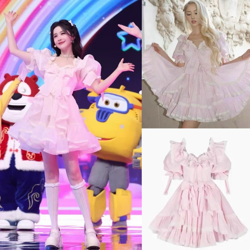 Buyer's Boutique Selkie Wang Yijin's Same Style Pink Plaid Barbie Princess Dress Puffy Skirt Birthday Dress Dress