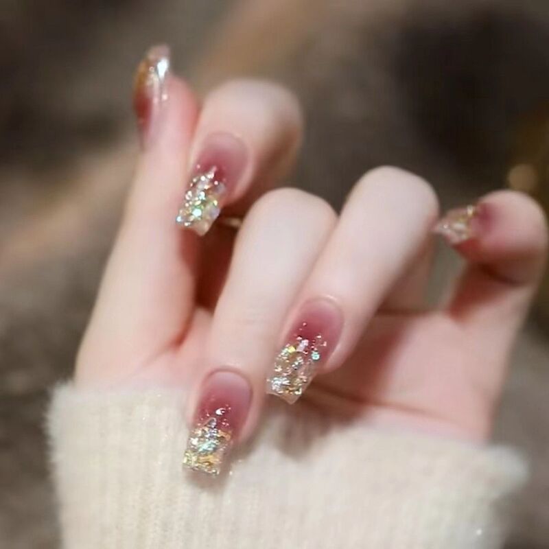 Medium-Length Press-On Nails with Rhinestones, Dry Rose Color, 24-Piece Set, Blush Gradient Nail Art, Brightening Effect, Finished Fake Nail Tips