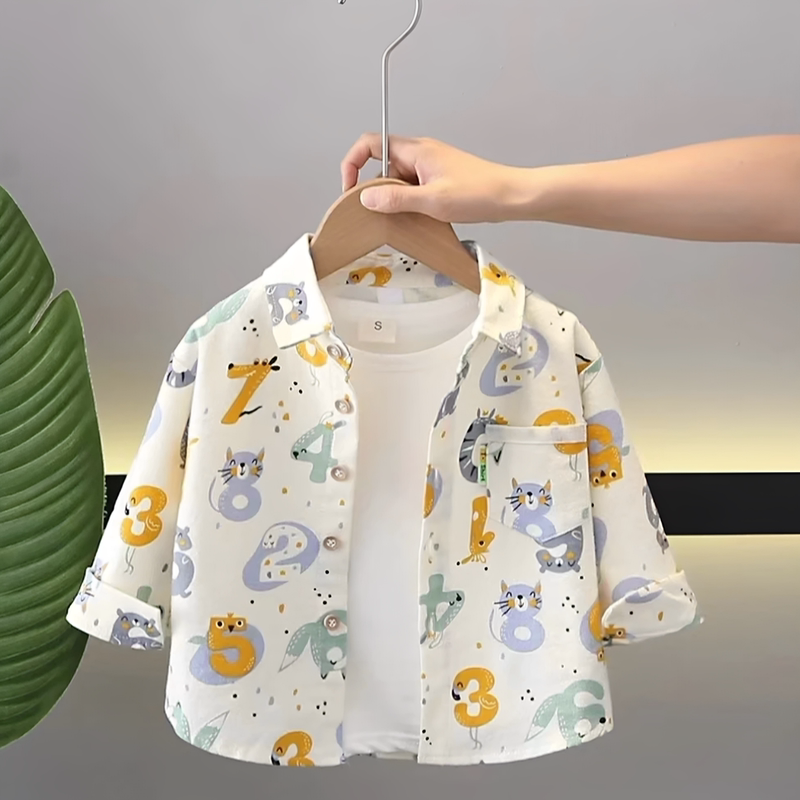 2026 Spring New Children's Clothing Pure Cotton Shirt Trendy Fashionable Boys' Spring Outfit Handsome Street Style Korean Version Cartoon