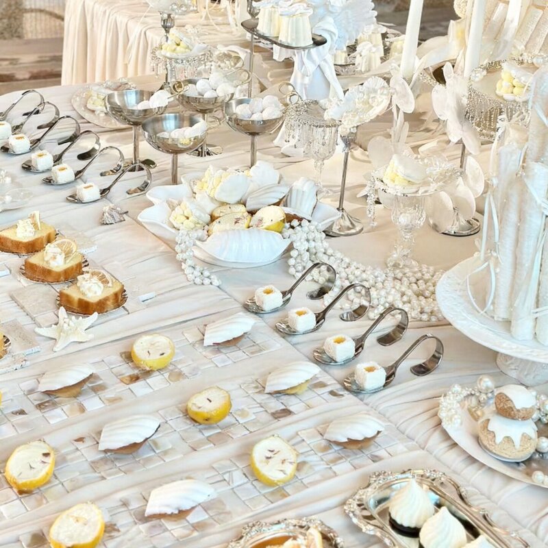 Metallic Orderliness Dessert Table, Old Money Style Dessert Table, Korean-Style Silver Dessert Decorations, Wedding Snack Display Stand