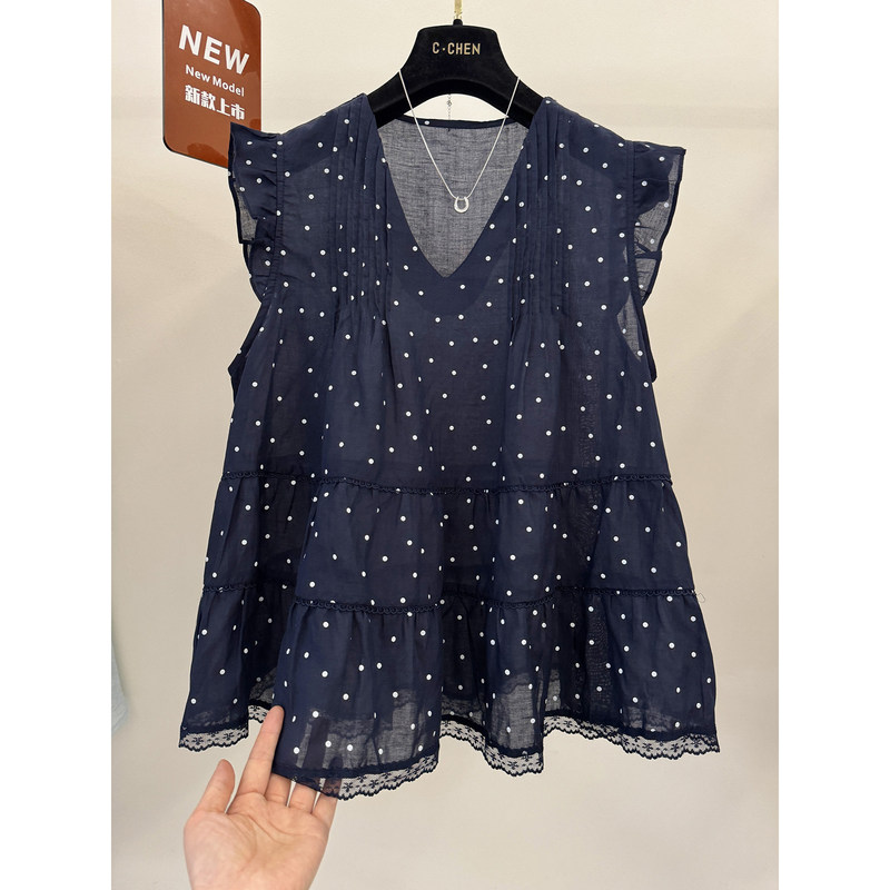 High-End European-Style Summer New Fashion Design Pleated Lace Trim Sleeveless V-Neck Ramie Shirt Top for Women