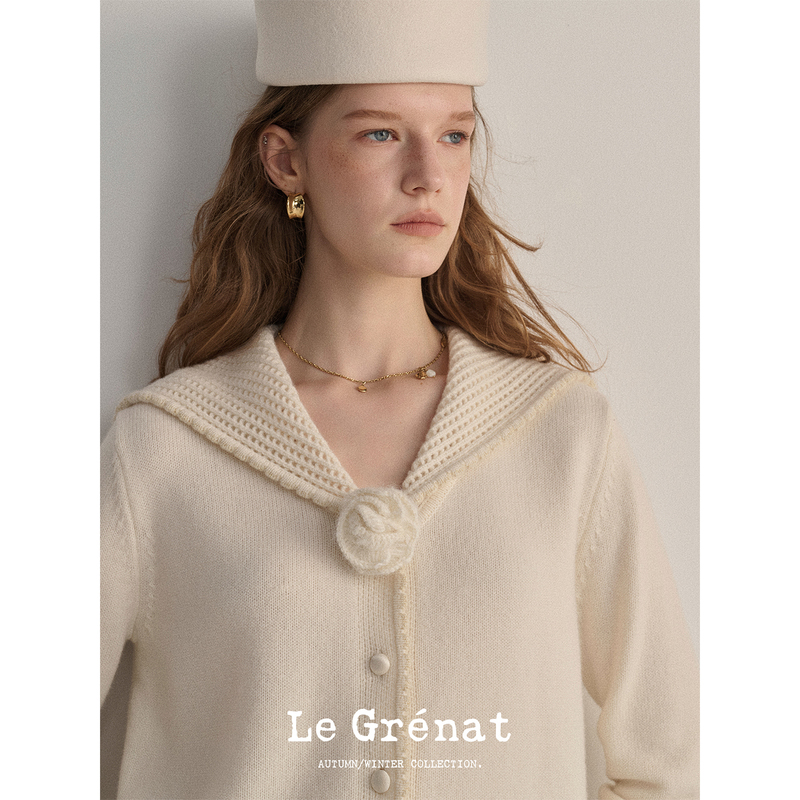 Le Grenat Autumn and Winter Women's Sheep Wool Hollow Navy Collar Cardigan Handmade Clip Flower Short Knitted Jacket Le Grenat Autumn and Winter Women's Sheep Wool Hollow Navy Collar Cardigan Handmade Clip Flower Short Knitted Jacket