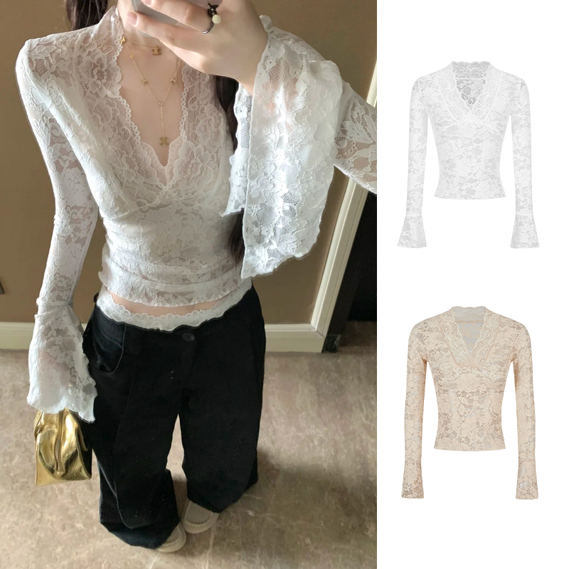 Mosesqueen White Sexy V-Neck Long-Sleeved Lace Shirt Slim Fit Slimming Inner Layering Top