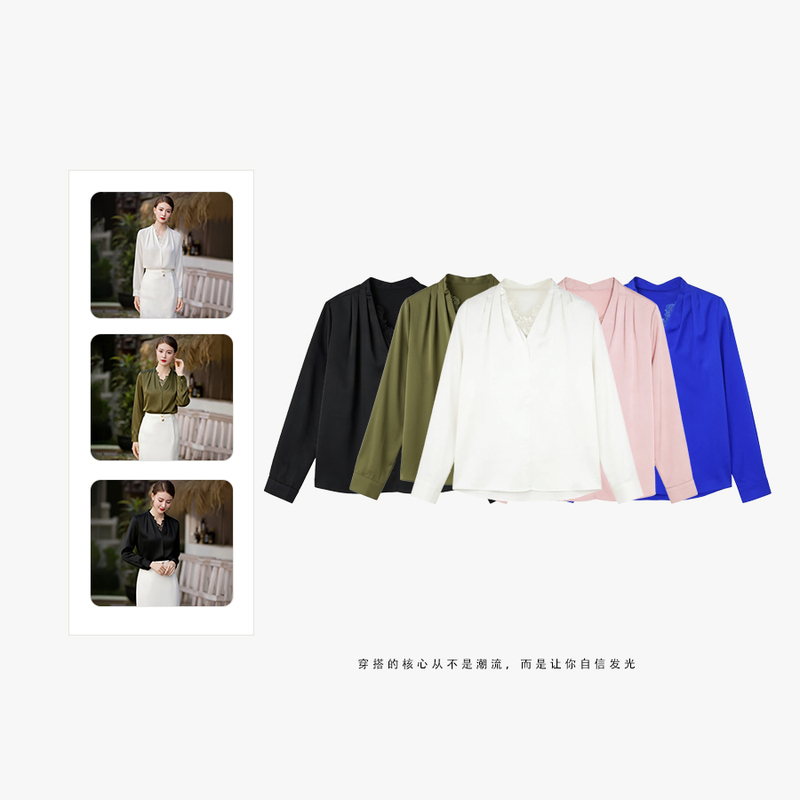 [Elegant and Intellectual] Acetate Satin Heavy-Duty Lace Splicing Silky Breathable Shirt Cg2601152