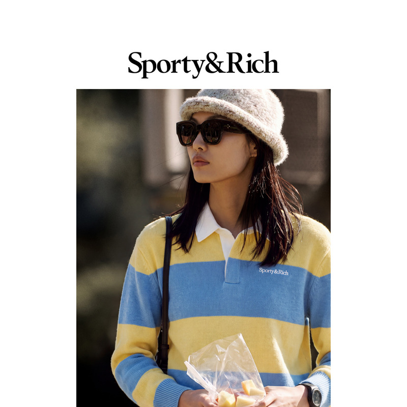 [New Autumn/Winter Products] Sporty&Rich Women's College Color Block Striped 70% Cashmere Polo Collar Knitted Sweater