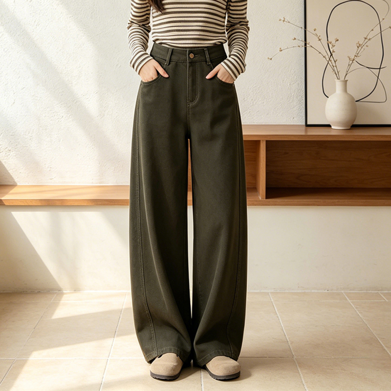 Army Green Wide-Leg Jeans for Women 2026 Spring and Autumn New Casual Long Pants Loose High-Waisted Slimming Versatile Scimitar Pants