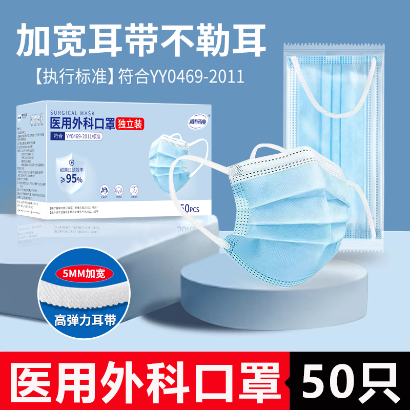 医療用サージカルマスク、大人用使い捨てマスク、3層構造の医療用マスク、幅広のイヤーループ、低刺激性、独立型マスク。