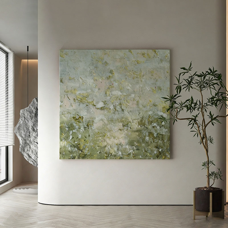 Modern Minimalist Green Abstract Decorative Painting in Wabi-Sabi Style, Light-Colored Living Room Entrance Wall Art, Vintage Textured Square Wall Painting