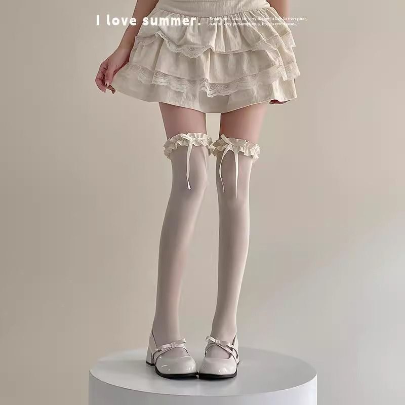 Lolita White Silk Over-The-Knee Socks for Women with Bow Lace Long Socks Lolita Lace Black Milk White Thigh Socks Lolita White Silk Over-The-Knee Socks for Women with Bow Lace Long Socks Lolita Lace Black Milk White Thigh Socks