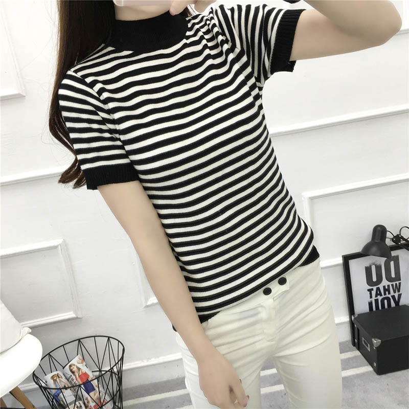 Đặc biệt hàng ngày áo len sọc mới mùa xuân và mùa hè nữ ngắn phần Slim mỏng nửa tay nửa dưới áo len cao cổ áo len mỏng