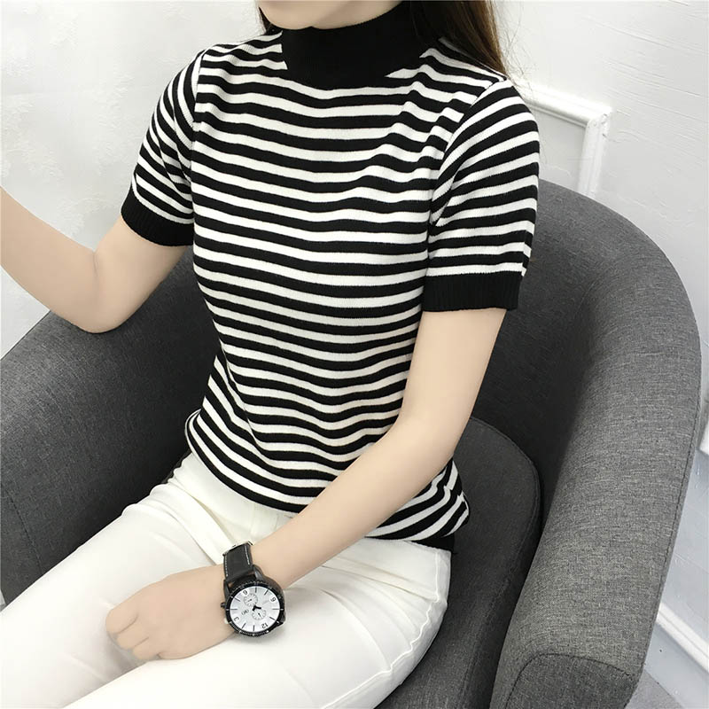 Đặc biệt hàng ngày áo len sọc mới mùa xuân và mùa hè nữ ngắn phần Slim mỏng nửa tay nửa dưới áo len cao cổ áo len mỏng