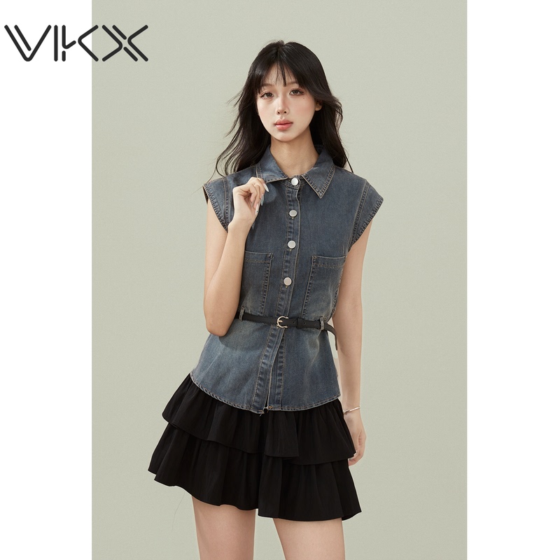 Vkx2026 New Summer Style Retro Sleeveless Lapel Buttoned Waist-Slimming Denim Vest Top Fan Kexin