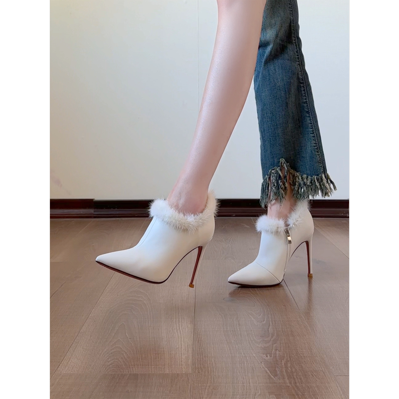 Snowandforest 【Feather Light】2026 New Plush Pointed Toe High Heels White Ankle Boots for Women Snowandforest 【Feather Light】2026 New Plush Pointed Toe High Heels White Ankle Boots for Women