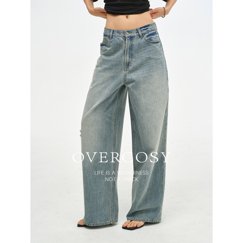 Overcosy Extremely Comfortable/Cotton-Feel Retro Washed Wide-Leg Jeans for Men and Women in Summer Asymmetrical Frayed Design
